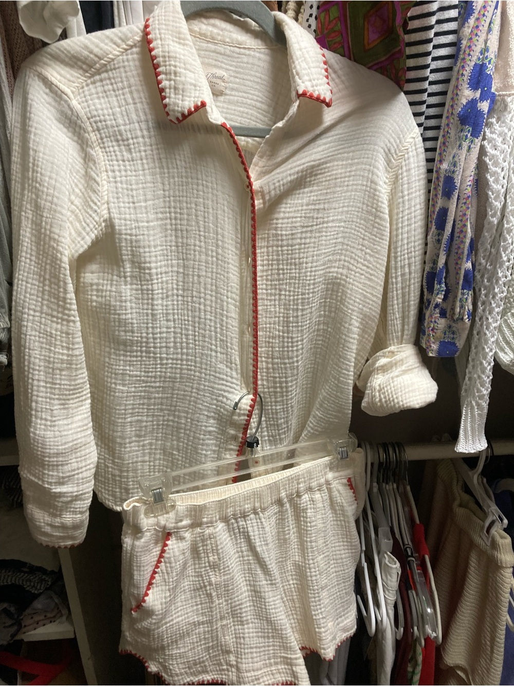 Universal Thread Cream Gauze Button-Up Top with Red Trim